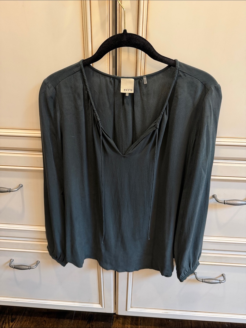 ecru silk Women's Dark Teal Long-Sleeve V-Neck Blouse